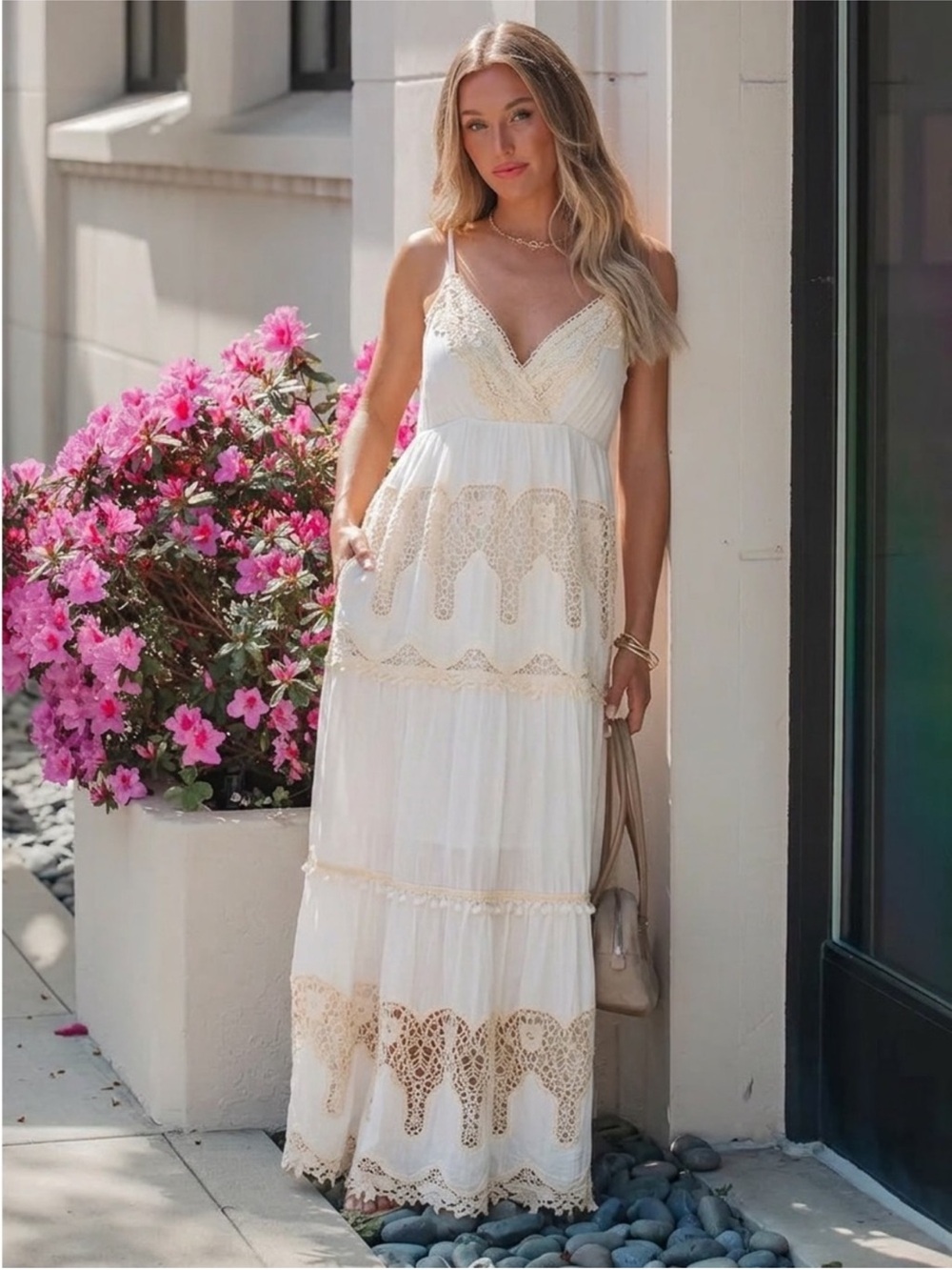 Boho Crochet Floral Lace Detail V-Neckline Tiered Cream Maxi Dress• Medium
